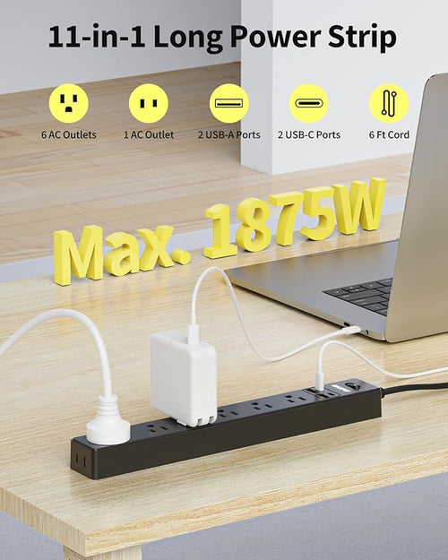 6 Ft Power Strip Surge Protector - 7 Outlets 4 USB Ports (2 USB C), Ultra Thin Flat Extension Cord & Flat Plug, 1700 Joules, Wall Mount, Desk Charging Station for Home Office Dorm, Black