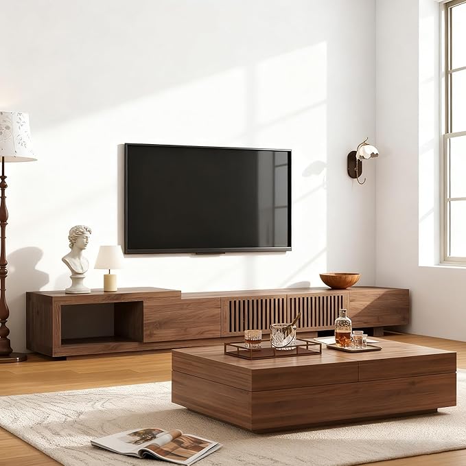 gaoyangjiaju Mid-Century Modern Expandable Coffee Table & TV Stand Set, Walnut Finish – Elegant Storage Combo for Living Room, Bedroom, or Lounge (78.54“ to 103" TV Stand+Coffee Table)
