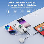 6 in 1 Magnetic Portable Charger for iPhone with Built-in Cables, 10800mAh 25W PD Fast Charging Power Bank, 6 Outputs Travel Essential Battery Pack for iPhone 17/16/15/14/13/12,Apple Watch (White)