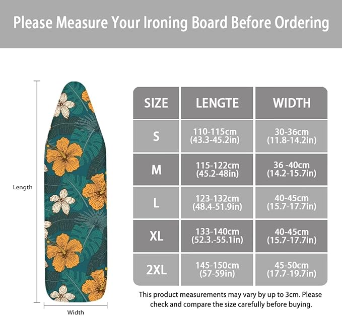 ZCFYGDX Hawaiian Flower Leaf Print Ironing Board Cover Small, Elastic Edges Nylon Buckle Straps Fasteners,S-Size (14 x 45 in) Resist Scorching & Staining Breathable Wear-Resistant Easy Install