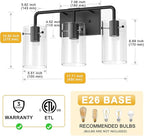 L LOHAS LED 3-Light Bathroom Light Fixtures, 17.71" Black Bathroom Vanity Light with Straight Glass Shades, Modern Vanity Lights for Bathroom Light Fixtures Over Mirror Living Room Hallway, E26, ETL