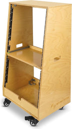 Sound Town DIY Slanted 20U Studio Rack (12U Top + 8U Lower), with 2U Bottom Storage, Slide-Out Tray, Caster, Plywood, Golden Oak For Recording Room, Home Studio (SDRK-ST20T)