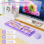 Nowlike Wireless Keyboard and Mouse Combo, Retro Typewriter Keyboard with Round Keycaps, Full-Size Ergonomic, Purple, Ideal for Windows PC, Home, Office, and College