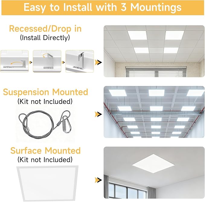 4 Pack 2x4 LED Flat Panel Light Drop Ceiling Office Fixture,Surface Mount Drop Ceiling Fixture,9576LM, 30W/40W/50W/60W/72W Selectable,3000K/3500K/4000K/5000K/6500K 5CCT,Dimmable (0-10V),ETL Listed