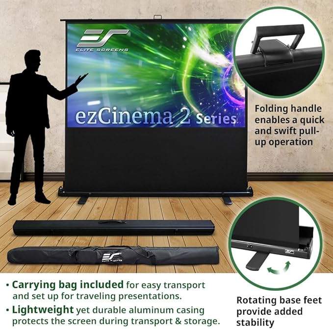 Elite Screens ezCinema 2, 120-inch 4:3 Aspect Ratio Portable Manual Floor Pull Up with Scissor Backed Projector Projection Screen Office Classroom Church Home Theater + Carrying Bag, F120NWV2
