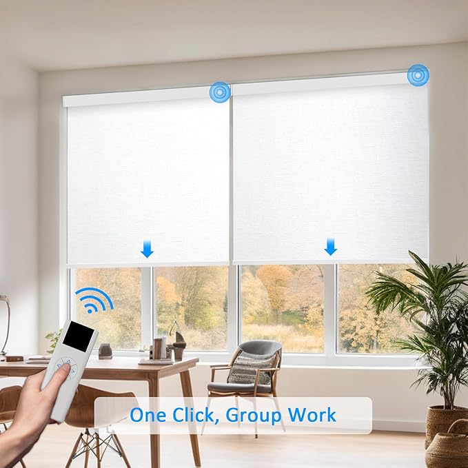 COOLWINDS Motorized Blinds with Remote Cordless Automatic Motorized Shades Custom Blinds for Windows Smart Curtains Compatible with Alexa Google Home(Blackout Jacquard White,W42 x H72in)