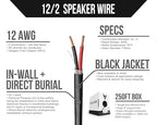 Voltive 12/2 Speaker Wire, in-Wall CL3 & Direct Burial, Black, 250ft - 12AWG, 2 Conductors, Stranded Oxygen-Free Copper, UL Listed - V-1206-3