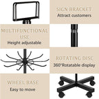 Exttlliy Retail Display Stand Store Display Rack 6 Tier Metal Spinning Display Stand Rack with Wheels Keychain Jewelry Stocking Hat Stand with Hooks for Malls, Showroom, Retail Store (6 Tier Black)