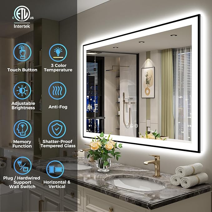 YEELAIT 48x36 Inch LED Bathroom Mirror with Lights (Front Lit and Backlit) Black Framed Lighted Vanity Mirror for Bathroom Wall Dimmable Anti-Fog Memory Tempered Glass Horizontal/Vertical