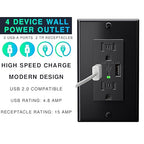 EverElectrix 2-Pack 4.8A Black Wall Outlet With USB Ports - 15Amp Duplex Tamper Resistant Charger, UL Listed, Electrical Receptacle With Dual USB