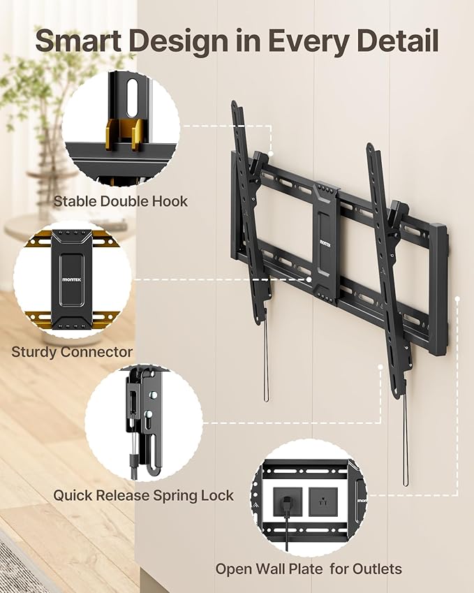 monTEK Heavy Duty Tilting TV Wall Mount for 43-95 Inch TVs, 200 lbs Capacity, 1.65" Slim Low Profile Wall Bracket, Max VESA 800x400mm Fits 16"/18"/24" Studs, Space-Saving for Large Flat & Curved TVs