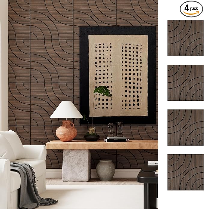 ARMURO 4 Packs Acoustic Wall Panels - Self-Adhesive 3D Wood Slat Wall Panel- Peel and Stick Sound Absorbing Panels for Noise Reducing - Feature Wall Decor for Home & Office