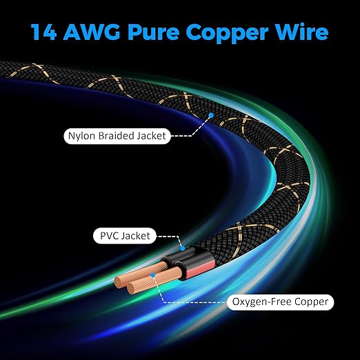 14/2 Speaker Wire 100 Feet, 14AWG Gauge Speaker Cable, Direct Burial, Durable Nylon Braided, in Wall, 2 Conductors, OFC Oxygen-Free Copper, for Car Audio Stereos, Home Theater, Surround Sound, Radio