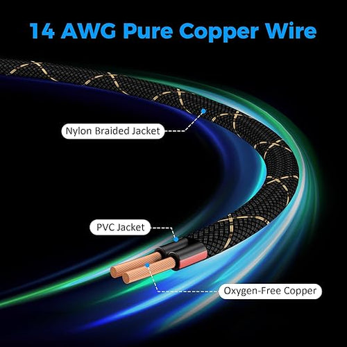 14/2 Speaker Wire 50 Feet, 14AWG Gauge Speaker Cable, Direct Burial, Durable Nylon Braided, in Wall, 2 Conductors, OFC Oxygen-Free Copper, for Car Audio Stereos, Home Theater, Surround Sound, Radio
