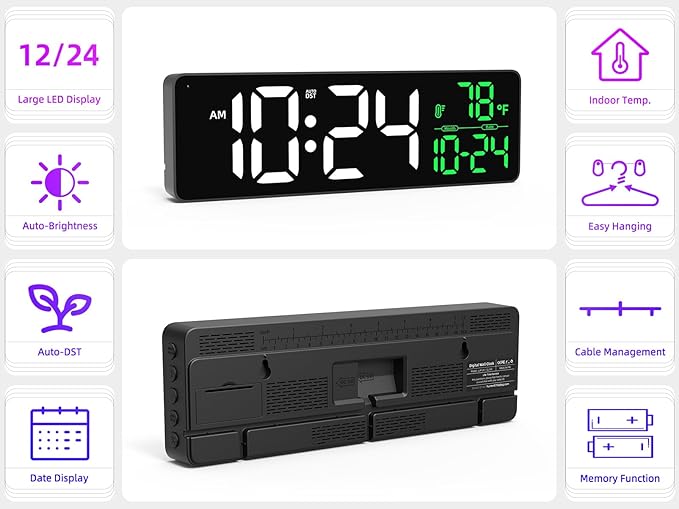 Large LED Digital Wall Clock with Date, Temperature, Auto-Brightness, Auto-DST | Big Digital Clock for Bedroom, Desk, Classroom, Living Room, Kitchen, Office, Gym, Farmhouse, Xmas Gift for Seniors