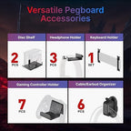PEGZONE Controller and Headphone Holder Wall Mount, Modular Gaming Pegboard with Accessories, Controller Stand for Xbox PS5 PS4 Switch, Video Game Storage, Disc Shelf, 14pcs Pegboard, Black & Red