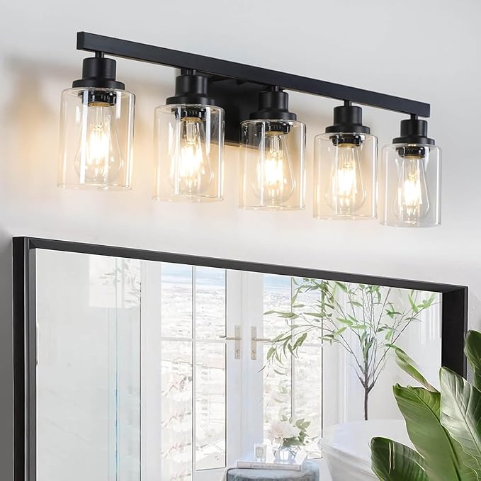 DIKAIDA 5-Light Black Bathroom Vanity Light, Modern Vanity Lighting Fixture for Bathroom, 31" Matte Light Fixture, Wall Sconces with Clear Glass Shade, Black Bathroom Wall Light Over Mirror