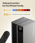 ComDomus Electric Heaters for Indoor Use, 32” Space Heater Large Room with Remote, 120° Oscillation, 5 Heat Levels, 3 Modes, Multiple Safety Protections, 1500W Ceramic Tower Heater for Bedroom, Silver