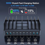 chipofy 500W Charging Station for Multiple Devices, 10-Port Multi USB C Fast Charger Station with Organizer Stand for MacBook Laptop, iPad, iPhone 17 16 Pro Max, Galaxy S25/S24 and More