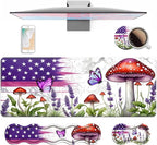 4 in 1 Ergonomic Keyboard Wrist Rest & Mouse Pad Wrist Rest Set, Large XXL Gaming Desk Mat 31.5"x 11.8" with Non-Slip Base, Memory Foam for Home Office Study Gaming, American Flag Mushroom Butterfly