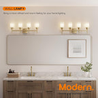 AONEON Wall Light Fixtures 4-Light Over Mirror, Gold Vanity Lights with White Frosted Glass Shade, Wall Sconces for Bathroom Washroom Kitchen T001GD-L4