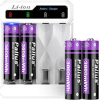 Pallus Rechargeable Lithium AA Batteries with Charger - 4 Pack 1.5v Constand Voltage Double A Battery, 3000mWh AA Rechargeable Batteries for Blink Camera, Cycles 1600x, Ideal for High-Drain Devices