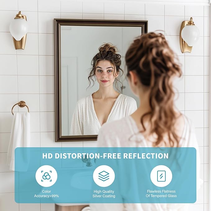 Retro Copper Effect Framed Wall Mirror, 24x36 Rectangle Mirror, Anti-desilvering Tempered Glass, Sustainable&Sturdy Frame, Anti-Rust, HD Reflection &3min Fast Setup for Bathroom Living Room