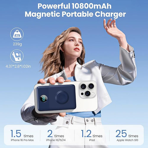 6 in 1 Magnetic Portable Charger for iPhone with Built-in Cables, 10800mAh 25W PD Fast Charging Power Bank, 6 Outputs Travel Essential Battery Pack for iPhone 17/16/15/14/13/12,Apple Watch (Blue)