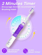 SEAGO Kids Electric Toothbrush with 2 Mins Brushing Timer and 4 Replacement Bursh Heads,Rainbow LED Light Make Brushing Fun, Purple Color Girls Battery Powerd Toothbrush for 4-12 Years Old，SG-977