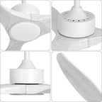 revoici 52 Inch White Ceiling Fan with Lights and Remote, Retro White Wood Low Profile Flush Mount Modern Ceiling Fan for Indoor Farmhouse Bedroom Living Room Outdoor Patio Porch, Reversible DC Motor