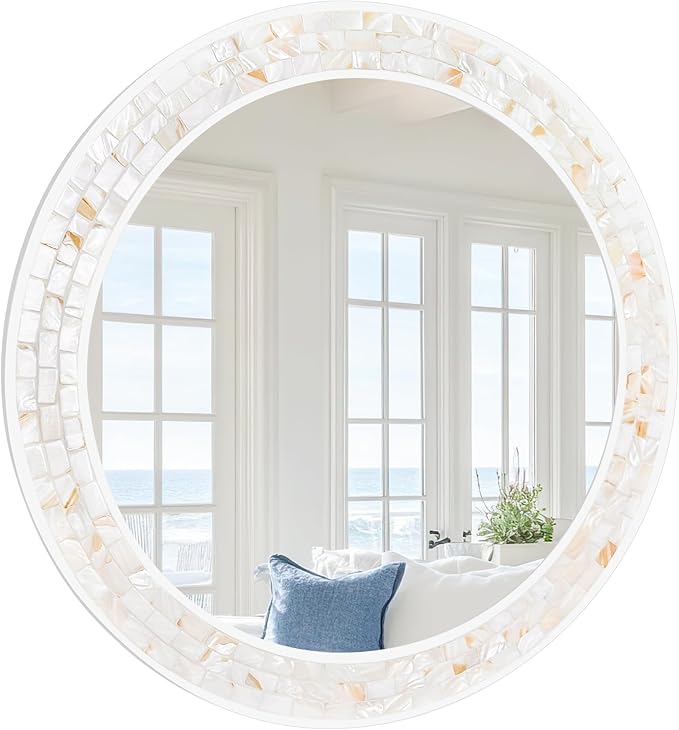 Tanmicoshomy Round Wall Mirror 28 Inch,Circle Mosaic Mirror with Natural Shell and Wood Frame, Decorative Coastal Round Wall Mirror for Bathroom Bedroom Living Room Entrayway