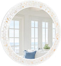 Tanmicoshomy Round Wall Mirror 28 Inch,Circle Mosaic Mirror with Natural Shell and Wood Frame, Decorative Coastal Round Wall Mirror for Bathroom Bedroom Living Room Entrayway