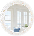 Tanmicoshomy 36 Inch Large Round Mirror, Natural Shell Inlay Framed Large Circle Mirrors with Shatterproof Glass for Bathroom Bedroom Living Room or Entryway (White)