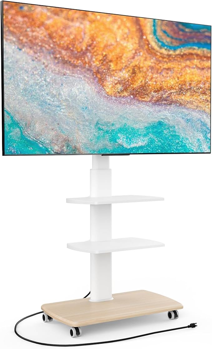 FITUEYES Rolling TV Stand with Power Outlets, Swivel Portable TV Stand for 32-70Inch LCD LED OLED Flat/Curved Panel Screen TVs, Height Adjustable&Wood Base, Mobile TV Cart with 2 Shelves