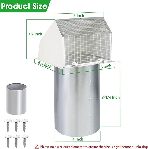 4 Inch Dryer Vent Cover Outside Hooded Wall Vent with Screen and Damper, Exhaust Vent Wall Mount Exterior Wall Vents Cover Cap for Dryer Ventilation&Outdoor Air Exhaust,Galvanized Steel,White