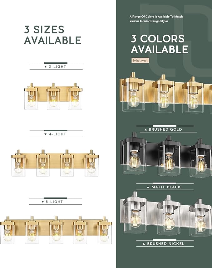 METWET Bathroom Light Fixtures, 25" Brushed Gold Vanity Light, 4-Light Modern Wall Sconces with Square Clear Glass Shade, Vanity Lighting Fixtures Over Mirror, VL194-BG-4