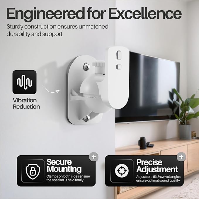 TNP Universal Satellite Speaker Wall Mount Bracket Ceiling Mount Clamp with Adjustable Swivel and Tilt Angle Rotation For Home Theater Surround Sound System Satellite Speakers - 1 Pair Set of 2, White
