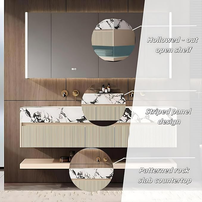 Fashionable Bathroom Vanity with Sink, Smart One-Click Defogging & LED Light, Bathroom Sink and Cabinet with Wave Striped Panel, Rockslab Countertop (Mirror Cabinet, 88IN)