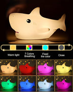 Shark USB Rechargeable Silicone LED Night Light for Kids, Multicolor Cute Nursery Light with Warm White and 7-Color Breathing Mode for Kids Baby Children Bedrooms