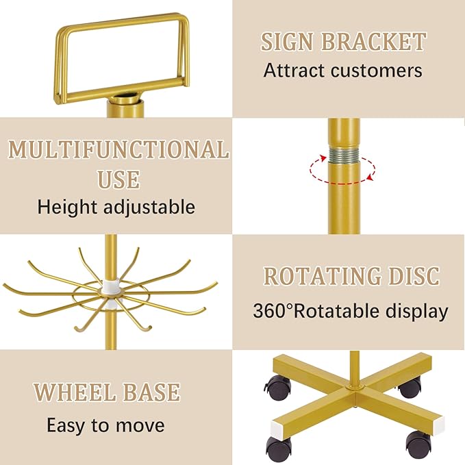 Exttlliy Retail Display Stand Store Display Rack 6 Tier Metal Spinning Display Stand Rack with Wheels Keychain Jewelry Stocking Hat Stand with Hooks for Malls, Showroom, Retail Store (6 Tier Gold)
