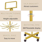 Exttlliy Retail Display Stand Store Display Rack 6 Tier Metal Spinning Display Stand Rack with Wheels Keychain Jewelry Stocking Hat Stand with Hooks for Malls, Showroom, Retail Store (6 Tier Gold)