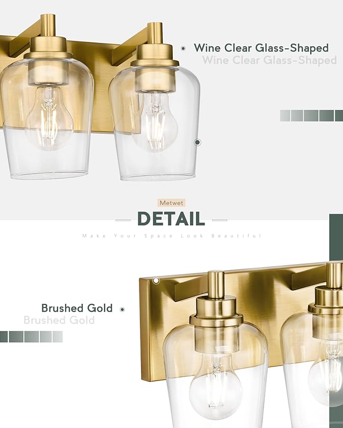 METWET Bathroom Light Fixtures, 3-Light Modern Vanity Light with Clear Glass Wine Glass-Shaped Shade, Vanity Lighting Fixtures Over Mirror, Brushed Gold, VL155-BG-3