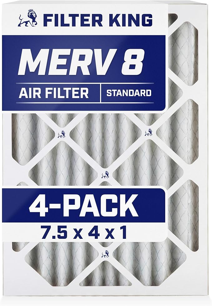 Filter King 7.5x4x1 Air Filter | 4-PACK | MERV 8 HVAC Pleated A/C Furnace Filters | MADE IN USA | Actual Size: 7.5 x 4 x .75"