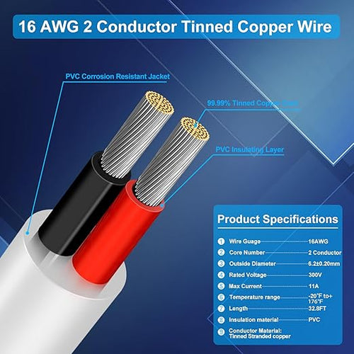 16 Gauge 2 Conductor Electrical Wire, 32.8FT Low Voltage 16/2 Tinned Copper Stranded 2 Wire Cable, 16 AWG White Flexible Extension Power Cord for Automotive, LED Lamp, Outdoor Landscape Lighting Etc