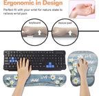 Mouse Pad Wrist Support and Keyboard Wrist Rest Set with Coasters, Dreamy Daisy Vintage Wood Board Live Love Laugh with Non-Slip PU Base Ergonomic Mousepad for Home Office Working Studying