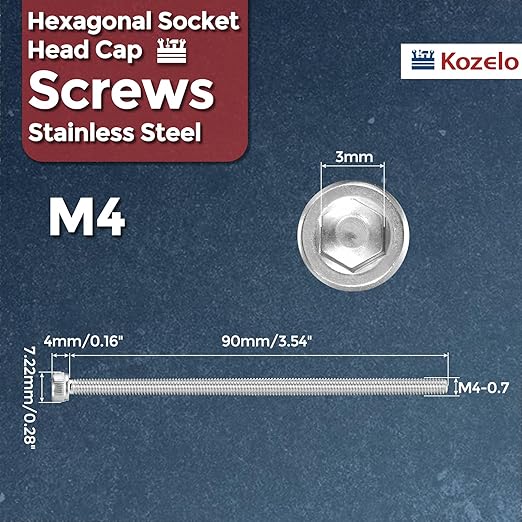 Kozelo 25pcs Socket Head Cap Screws - [M4-0.7 x 90mm] 304 Stainless Steel Allen Socket Drive for Electrical Motor 3D Printing Fan Engine Replacement Use, Silver