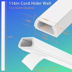 YCLYC Wall Cable Hider Kit, 116in TV Wire Hider for Wall, Paintable Cord Hider Wall, Cord Organizer Hide 1-2 Cords Wall Mounted TV, Wire Cover for Wall, Cord Concealer 7XL16.5 W0.86 H0.43in, White