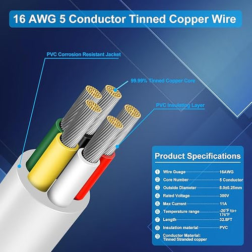 16 Gauge 5 Conductor Electrical Wire, 32.8 FT Low Voltage 16/5 Tinned Copper Stranded 5 Wire Cable, 16 AWG White Flexible Extension Power Cord for Automotive, LED Lamp, Outdoor Landscape Lighting Etc