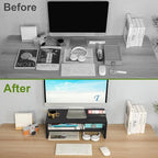 TEAMIX 2 Tiers Wooden Desktop Monitor Stand Riser 20 Inch Printer Stand with Double Storage Small TV Riser Laptop Keyboard Holder Business Desk Organizer Shelf Black Bookshelf