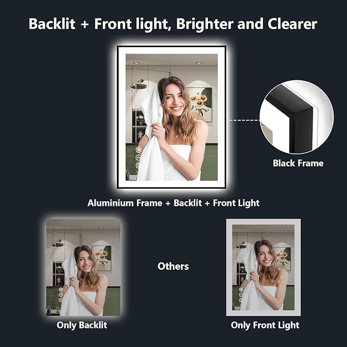 YEELAIT 36x30 Inch LED Bathroom Mirror with Lights (Front Lit and Backlit) Black Framed Lighted Vanity Mirror for Bathroom Wall Dimmable Anti-Fog Memory Tempered Glass Horizontal/Vertical